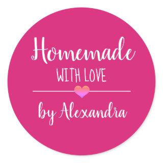 Homemade with love pink white script name classic round sticker