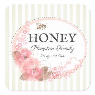 Honey Bee Rustic Floral Striped Beige Square Sticker