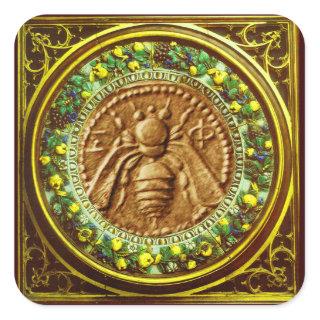 HONEY BEE / YELLOW GREEN FLORENTINE FLORAL CROWN SQUARE STICKER