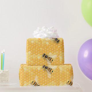 Honey Bees on Bright Honeycomb Pattern