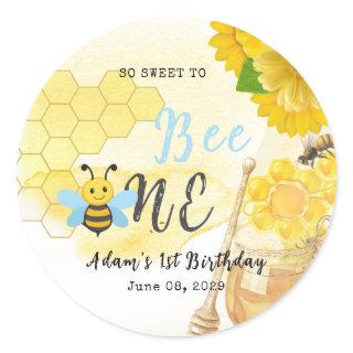 Honey Blue Yellow Green Bee First Birthday Classic Round Sticker