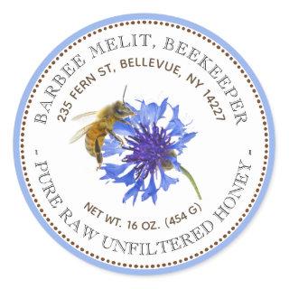 Honey Label Blue Flower Bee with Blue Border