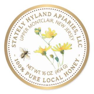 Honey Label Yellow Flower Bee and Gold Border