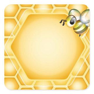 Honeycomb background with a cute honeybee square sticker