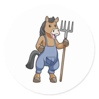 Horse as Farmer with Rake Classic Round Sticker