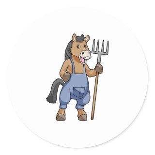 Horse as Farmer with Rake Classic Round Sticker