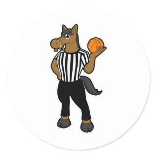 Horse as Referee with Basketball & Whistle Classic Round Sticker