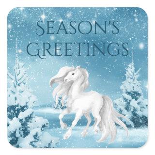 Horse on Snowy Night Season's Greetings Christmas Square Sticker