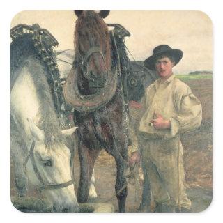 Horses at the Water Trough, 1884 (oil on canvas) Square Sticker
