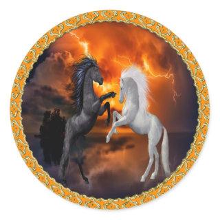 Horses fighting in a bad lightning storm classic round sticker