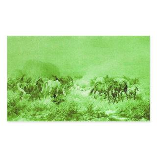 HORSES GRAZING ,Antique Light Green Rectangular Sticker