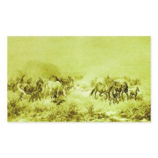 HORSES GRAZING ,Antique Olive Green Rectangular Sticker