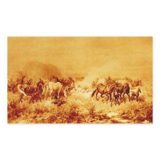 HORSES GRAZING ,Antique Orange Yellow Brown Sepia Rectangular Sticker