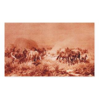 HORSES GRAZING ,Antique Red Brown Pink Rectangular Sticker