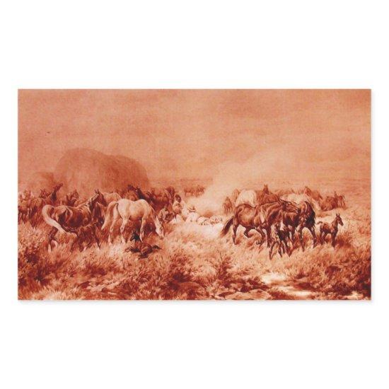 HORSES GRAZING ,Antique Red Brown Pink Rectangular Sticker