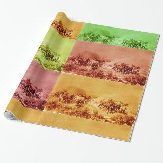 HORSES GRAZING ,Antique Red Brown Yellow Green