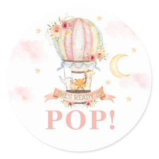 Hot Air Balloon Animals Shower She's Ready to Pop Classic Round Sticker
