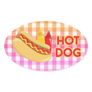 Hot Dog on Gingham Picnic Tablecloth w/ Condiments Oval Sticker