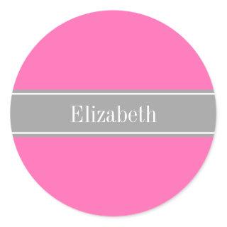 Hot Pink #2, Dark Gray Ribbon Name Monogram Classic Round Sticker