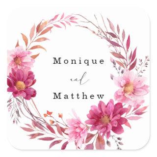 Hot Pink Chrysanthemum Wreath Wedding Square Sticker