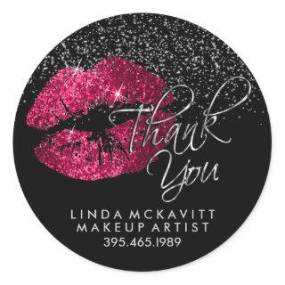 Hot Pink Glitter Lipstick 💋 Silver Thank You Classic Round Sticker