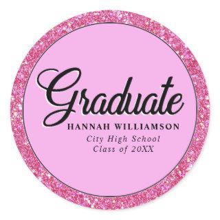 Hot Pink Glitter Personalized Graduation Classic Round Sticker