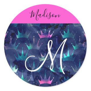Hot Pink Glitter Sparkles Mermaid Crowns Monogram Classic Round Sticker