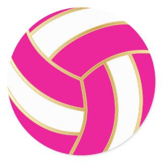 Hot Pink, Gold and White Volleyball Classic Round Sticker