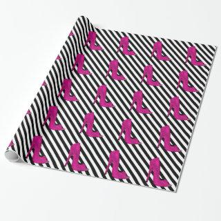 Hot Pink High Heels shoe Black White Stripe