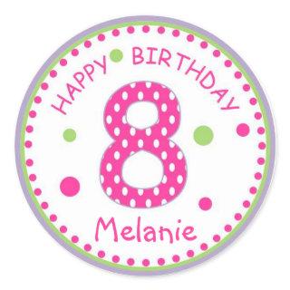 Hot Pink Polka Dot Happy Birthday Number 8 Classic Round Sticker