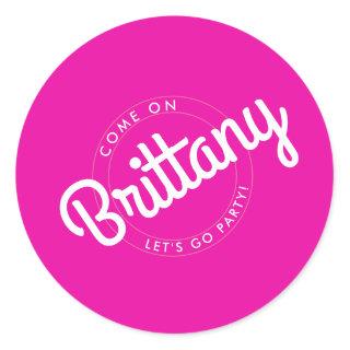 Hot Pink Retro Dolly Let's Go Party! Classic Round Sticker