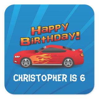 Hot Red Race Car with Flames Boy's Birthday Party Square Sticker
