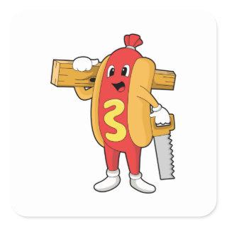 Hotdog as Carpenter with Saw & Wood Square Sticker