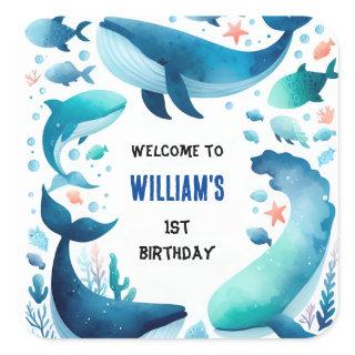 hues cool fish sea blue whale shark 1st Birthday Square Sticker