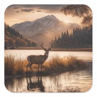 Huge Racked Deer on Mountain Lake Square Sticker