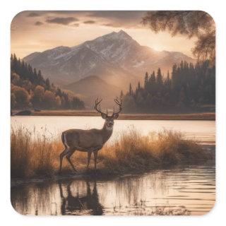 Huge Racked Deer on Mountain Lake Square Sticker