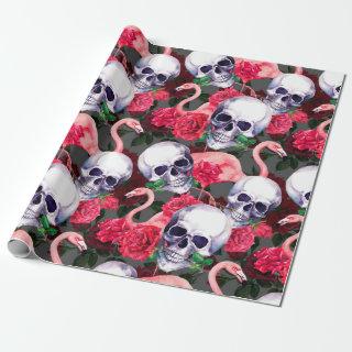 Human skull with flamingo and red rose flowers sea