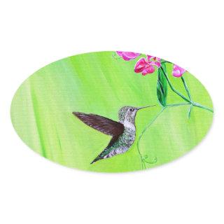 Hummingbird and Sweet Peas Painting Oval Sticker