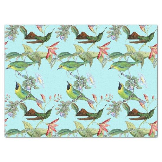Hummingbirds and Flowers on Light Green Decoupage Tissue Paper