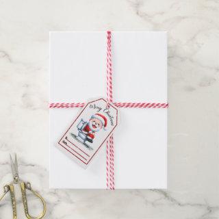 Humorous Christmas tag featuring Santa on a toilet