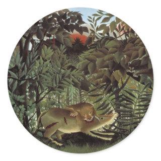 Hungry Lion by Henri Rousseau, Vintage Wild Animal Classic Round Sticker