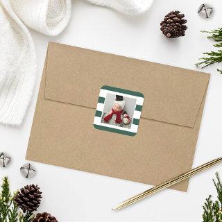 Hunter Green and White Stripes Holiday Photo Square Sticker