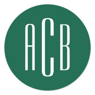 Hunter Green and White Three Letter Monogram Classic Round Sticker