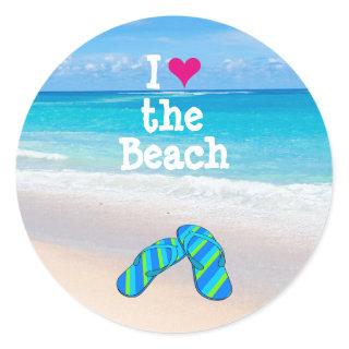 I Heart (Love) the Beach Flip Flops in the Sand Classic Round Sticker