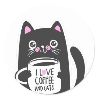 I love coffee and cats - Choose background color Classic Round Sticker
