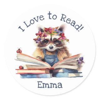 I Love to Read with Cute Baby Raccoon Classic Round Sticker