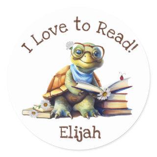 I Love to Read with Cute Baby Turtle Classic Round Sticker