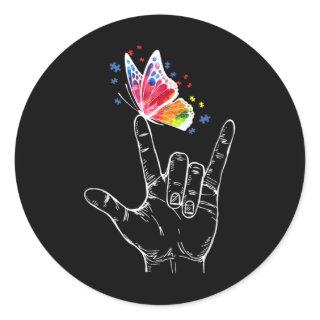 I Love You Hand Sign Language Butterfly Autism Classic Round Sticker