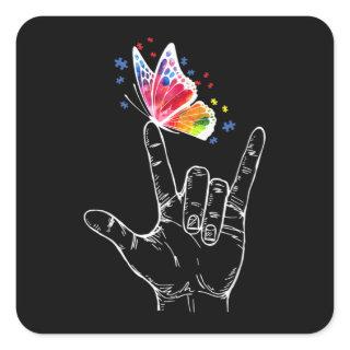 I Love You Hand Sign Language Butterfly Autism Square Sticker