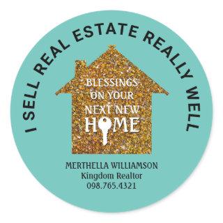 I SELL REAL ESTATE Stylish Teal Glitter Realtor Classic Round Sticker